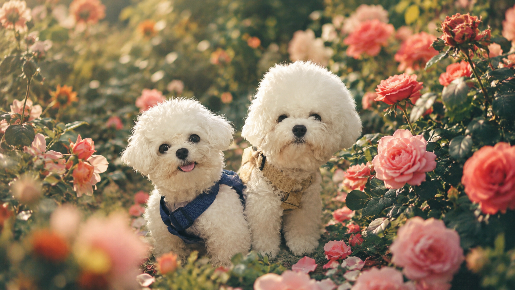 Lucky and Happy among the roses